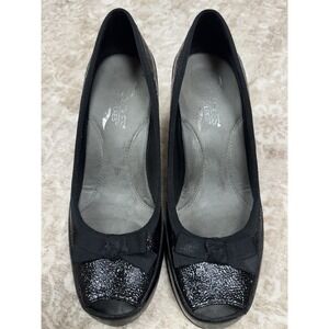 AEROSOLES Benefit Black Leather Peep Toe Pumps Women Wedge Heel Bow 8